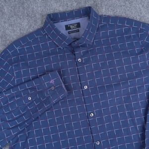 Original Penguin Button Down Shirt Mens 17.5 34/35 Blue Grid Heritage Slim Fit